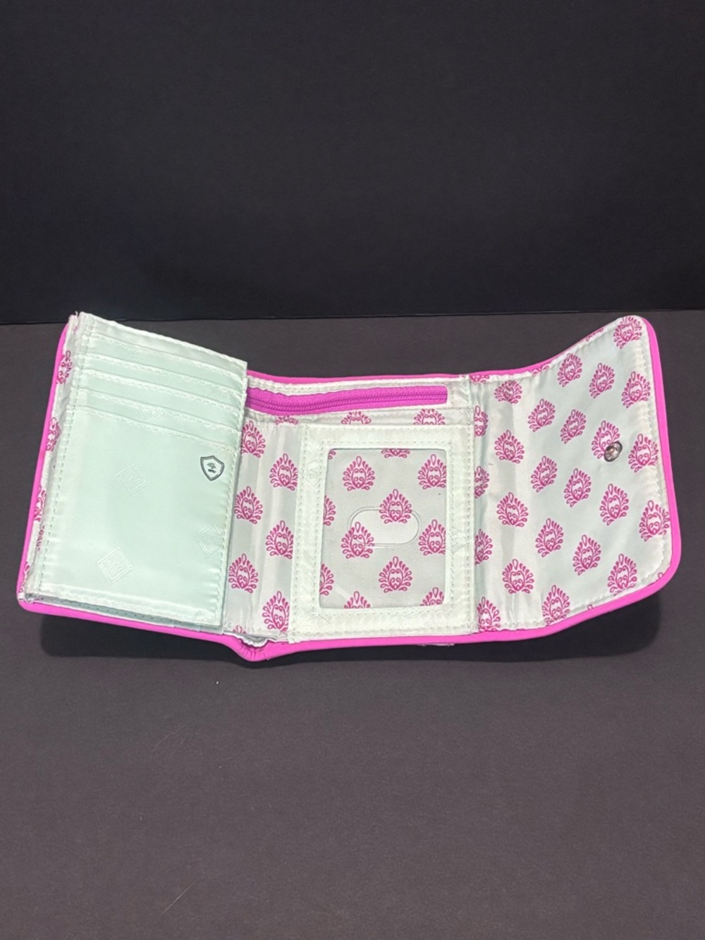 Vera Bradley Quilted Floral Trifold Wallet in Dusted Mint, Pink and Blue (RFID) - Picture 6 of 7